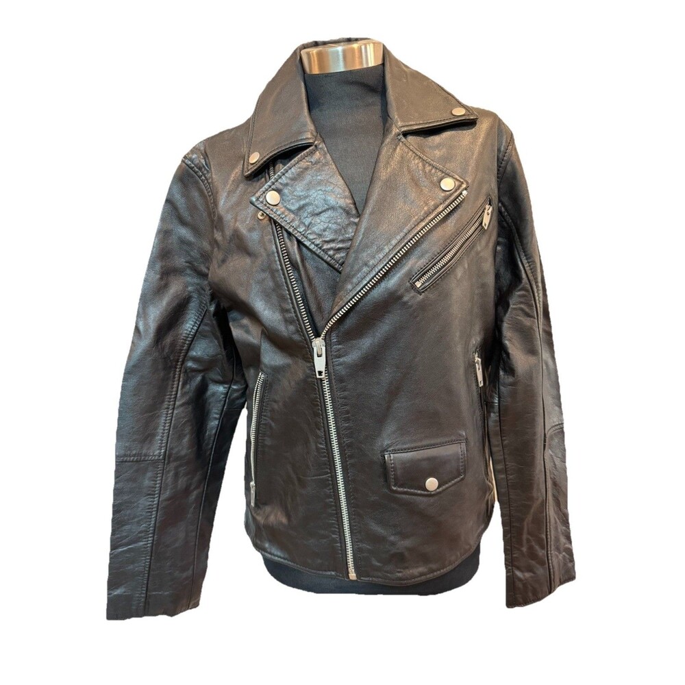 ZARA Men Black Genuine Sheep Leather Biker Moto Jacket Size Small
